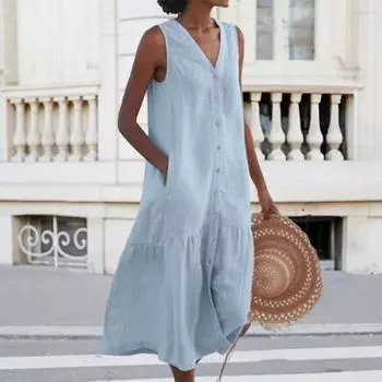 Женское летнее платье без рукавов на пуговицах с V-образным вырезом, макси-платье, летнее, свободного кроя, А-силуэта S светло-синий