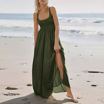 Женское летнее платье без рукавов, плиссированные повседневные платья макси с карманами L армия зеленый