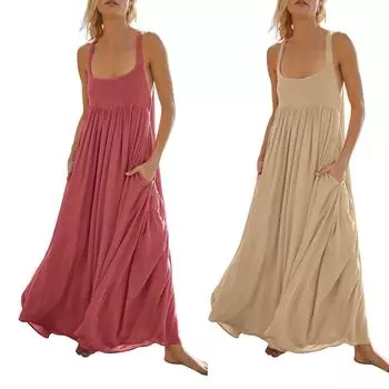 Женское летнее платье без рукавов, плиссированные повседневные платья макси с карманами XXL бежевый