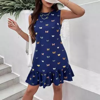 Женское летнее платье без рукавов с круглым воротником, принтом бабочки, облегающее, с оборками, цельное платье XL