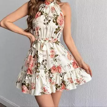 Женское летнее платье без рукавов с воротником-стойкой и цветочным принтом XL
