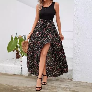 Женское летнее платье без рукавов с круглым воротником и высоким разрезом с нерегулярным цветочным принтом XL