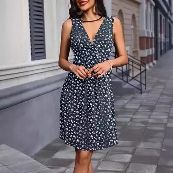 Женское летнее платье без рукавов с V-образным вырезом и цветочным принтом S