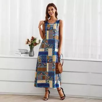 Женское летнее платье без рукавов с круглым вырезом и принтом в стиле ретро, свободное, цельное S