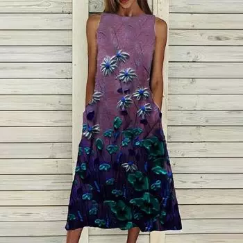 Женское летнее платье без рукавов с круглым вырезом, карманом и живописным цветочным принтом XXL
