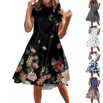 Женское летнее платье без рукавов с круглым вырезом, однотонное плиссированное лоскутное многоуровневое платье трапециевидной формы для работы, повседневное платье для женщин M чёрный