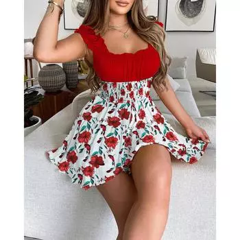 Женское летнее платье без рукавов с U-образным вырезом и талией, короткое платье с принтом L чёрный