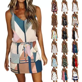 Женское летнее платье без рукавов с v-образным вырезом и карманами на шнурке, повседневное платье с принтом L белый