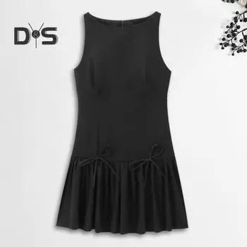 Женское летнее платье без рукавов с бантом, плиссированное мини-платье А-силуэта, однотонное мини-платье с застежкой-молнией сзади, жилет с круглым вырезом, платье для свиданий и вечеринок L чёрный