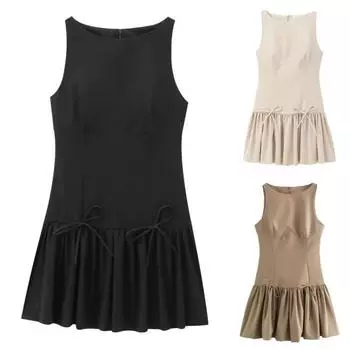 Женское летнее платье без рукавов с бантом, плиссированное мини-платье А-силуэта, однотонное мини-платье с застежкой-молнией сзади, жилет с круглым вырезом, платье для свиданий и вечеринок L синий