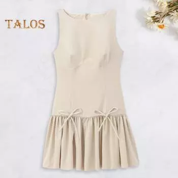 Женское летнее платье без рукавов с бантом, плиссированное мини-платье А-силуэта, однотонное мини-платье с застежкой-молнией сзади, жилет с круглым вырезом, платье для свиданий и вечеринок L чёрный