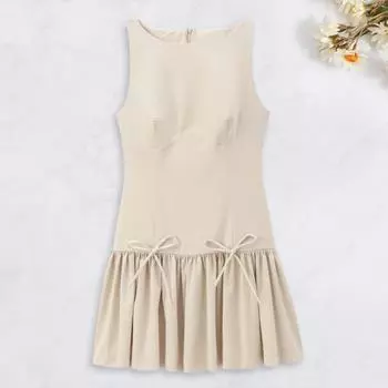 Женское летнее платье без рукавов с бантом, плиссированное А-силуэта, однотонное мини-платье L хаки