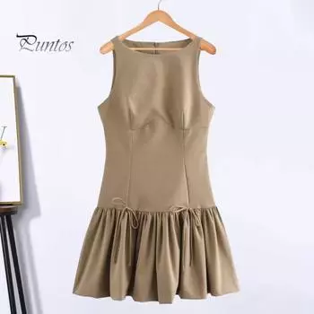 Женское летнее платье без рукавов с бантом, плиссированное мини-платье А-силуэта, однотонное мини-платье с застежкой-молнией сзади, жилет с круглым вырезом, платье для свиданий и вечеринок L хаки
