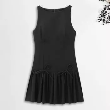 Женское летнее платье без рукавов с бантом, плиссированное мини-платье А-силуэта, однотонное мини-платье с застежкой-молнией сзади, жилет с круглым вырезом, платье для свиданий и вечеринок L красный