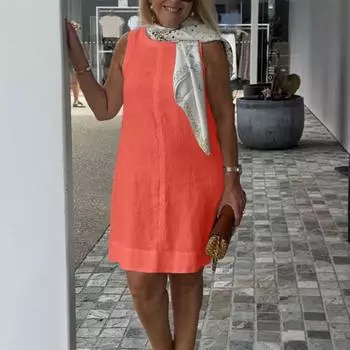 Женское летнее платье без рукавов с круглым вырезом, однотонное, длиной до колена, жилетное платье, свободный пуловер M оранжевый