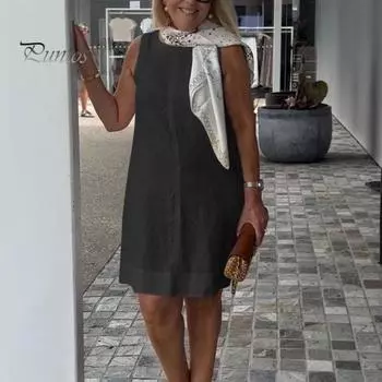 Женское летнее платье без рукавов с круглым вырезом, однотонное платье длиной до колена, свободное платье-пуловер для повседневной носки и свиданий M белый