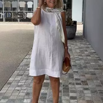 Женское летнее платье без рукавов с круглым вырезом, однотонное платье длиной до колена, свободное платье-пуловер для повседневной носки и свиданий M оранжевый