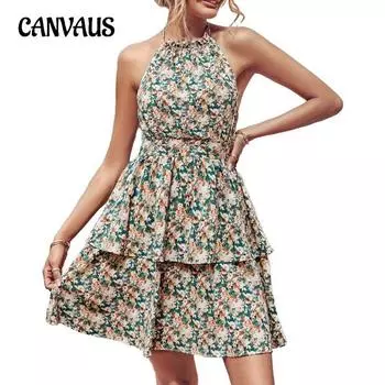 Женское летнее платье без рукавов с принтом халтер-халтер S розовый/абрикосовый