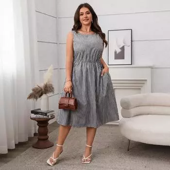 Женское летнее платье без рукавов с завышенной талией 1XL серый