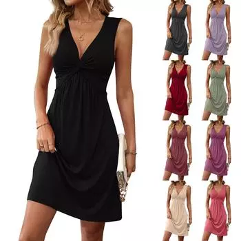 Женское летнее платье без рукавов с V-образным вырезом, завязанным узлом на груди и плиссированной талией XXL