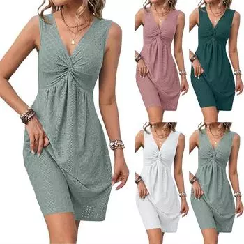 Женское летнее платье без рукавов с V-образным вырезом, завязанным узлом на груди и плиссированной талией XL