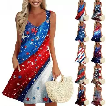 Женское летнее платье без рукавов с принтом «День независимости» Сарафан с карманом M белый