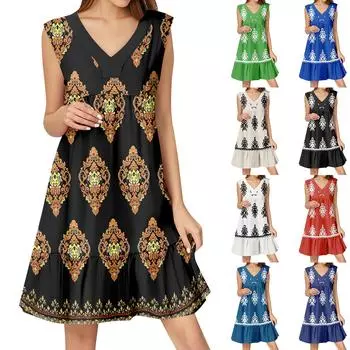 Женское летнее платье без рукавов с V-образным вырезом и принтом, короткие платья, модное повседневное струящееся бохо-платье с оборками, свободное платье-сарафан XL кофейный