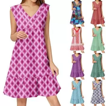 Женское летнее платье без рукавов с V-образным вырезом и принтом, короткие платья, модное повседневное струящееся бохо-платье с оборками, свободное платье-сарафан XL