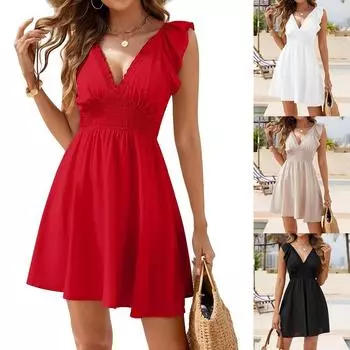 Женское летнее платье без рукавов с V-образным вырезом и повседневными оборками, однотонное, для отдыха на пляже, А-силуэт, цельное платье XXL