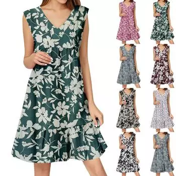 Женское летнее платье без рукавов с V-образным вырезом и принтом, короткие платья, модное повседневное струящееся бохо-платье с оборками, свободное платье-сарафан S зелёный