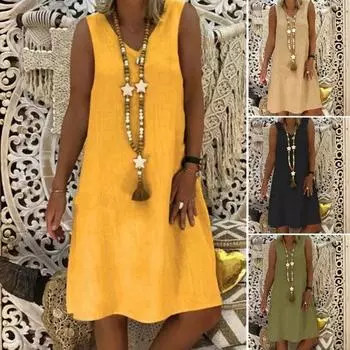 Женское летнее платье без рукавов с V-образным вырезом, А-силуэта, однотонное платье-миди длиной до колена, пуловер, жилет, пляжное платье для отдыха M зелёный