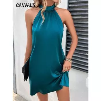 Женское летнее платье без рукавов с лямкой через шею средней длины больших размеров XS павлин голубой