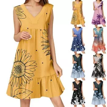 Женское летнее платье без рукавов с V-образным вырезом и принтом, короткие платья, модное повседневное струящееся бохо-платье с оборками, свободное платье-сарафан L