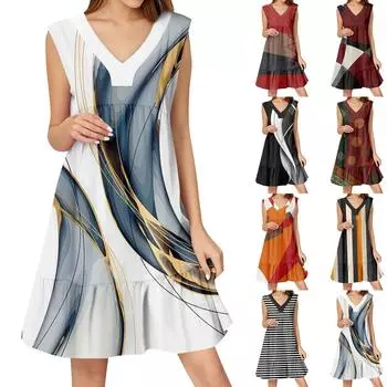 Женское летнее платье без рукавов с V-образным вырезом и принтом, короткие платья, модное повседневное струящееся бохо-платье с оборками, свободное платье-сарафан XL оранжевый