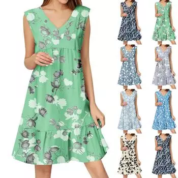 Женское летнее платье без рукавов с V-образным вырезом и принтом, короткие платья, модное повседневное струящееся бохо-платье с оборками, свободное платье-сарафан XL белый