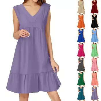 Женское летнее платье без рукавов с V-образным вырезом, короткие платья, модное повседневное струящееся бохо-платье с оборками, А-силуэт, свободное платье-халат L чёрный