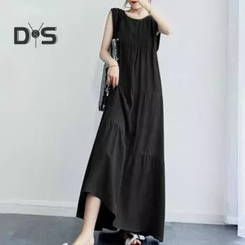 Женское летнее платье без рукавов трапециевидной формы с большим подолом, сплошной цвет, круглый вырез, лоскутное плиссированное мягкое дышащее платье до щиколотки для пляжного отдыха, макси-платье L зелёный