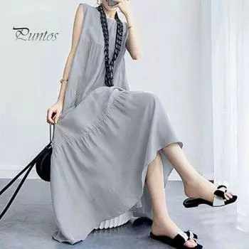 Женское летнее платье без рукавов трапециевидной формы с большим подолом, сплошной цвет, круглый вырез, лоскутное плиссированное мягкое дышащее платье до щиколотки для пляжного отдыха, макси-платье L зелёный