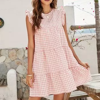 Женское летнее платье без рукавов в клетку с оборками и цельным платьем S розовый