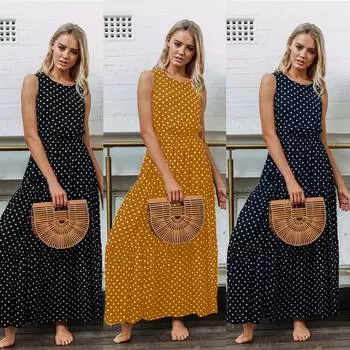 Женское летнее платье без рукавов в горошек, женское повседневное уличное офисное элегантное платье макси, модная темпераментная элегантная женская одежда S темно-синий