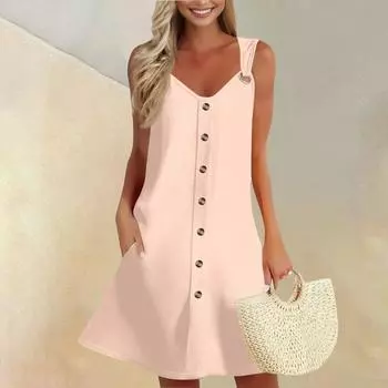 Женское летнее платье без рукавов, весенний однотонный сарафан с карманами L бежевый