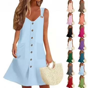 Женское летнее платье без рукавов, весенний однотонный сарафан с карманами L армия зеленый