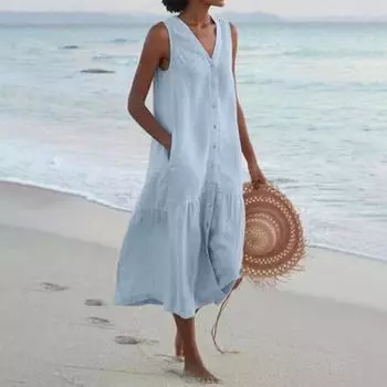 Женское летнее платье без рукавов, застегивающееся на пуговицы, с V-образным вырезом, макси-платье, летнее свободное пляжное платье А-силуэта для повседневного офиса и отдыха XXL светло-синий