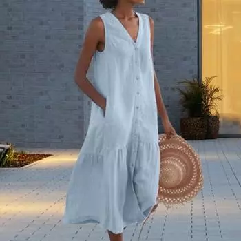 Женское летнее платье без рукавов, застегивающееся на пуговицы, с V-образным вырезом, макси-платье, летнее свободное пляжное платье А-силуэта для повседневного офиса и отдыха L светло-синий