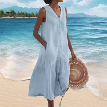 Женское летнее платье без рукавов, застегивающееся на пуговицы, с V-образным вырезом, макси-платье, летнее свободное пляжное платье А-силуэта для повседневного офиса и отдыха XL светло-синий