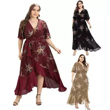 Женское летнее платье больших размеров с v-образным вырезом и рюшами в стиле пэчворк на шнуровке с узкой талией из шифона с цветочным принтом нерегулярной формы 2XL чёрный