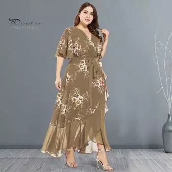 Женское летнее платье больших размеров с V-образным вырезом и рюшами в стиле пэчворк, на шнуровке с узкой талией, шифоновое платье с цветочным принтом, нерегулярный подол, платье макси для выпускного вечера в стиле ретро 2XL чёрный