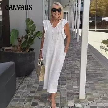 Женское летнее платье больших размеров с v-образным вырезом и завязкой на спине, летящими рукавами, хлопково-льняные платья