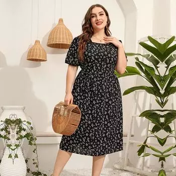 Женское летнее платье больших размеров с принтом и коротким рукавом с квадратным вырезом и высокой талией, облегающее платье XL-5XL XL чёрный