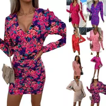 Женское летнее платье больших размеров с длинным рукавом и цветочным принтом, короткие облегающие женские мини-платья с v-образным вырезом S